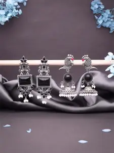 DIVASTRI Set Of 2 Silver-Plated Artificial Stones and Beads Square Shaped Drop Earrings