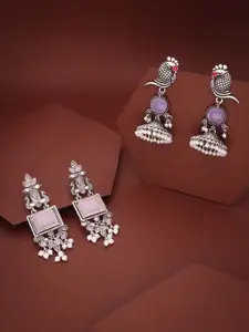 Sangria Set Of 2 Silver-Plated Stones Studded and Beads Beaded Contemporary Drop Earrings