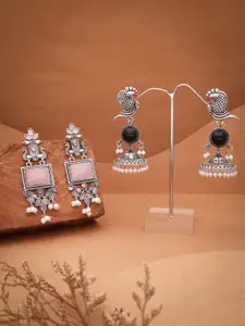 Sangria Set Of 2 Silver-Plated Stones Studded and Beads Beaded Contemporary Drop Earrings