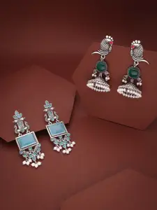 DIVASTRI Set Of 2 Silver-Plated Artificial Stones Studded Square Shaped Drop Earrings