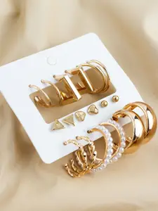aadita Set Of 9 Gold-Plated Artificial beaded Contemporary Shaped Studs