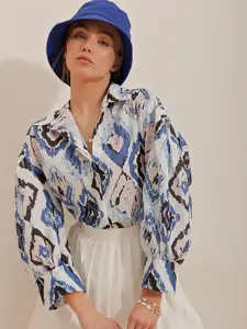 Trend Alacati stili Geometric Printed Spread Collar Cotton Casual Shirt