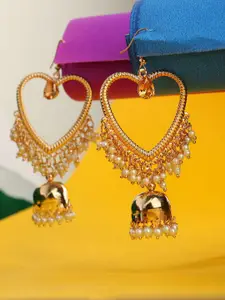 ANIKAS CREATION Gold-Plated Pearls Beaded Heart Shaped Jhumkas