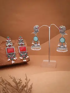 Sangria Set Of 2 Silver-Plated Artificial Studded & Beaded Oxidised Square Drop Earrings
