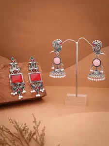 Sangria Set Of 2 Silver-Plated Artificial Studded & Beaded Oxidised Square Drop Earrings