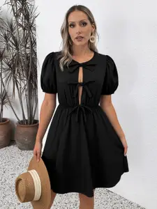 bebe Women Tie-Up Neck Puff Sleeve A-Line Mini Dress