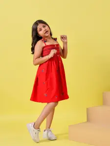 Sangria Girls Floral Embroidered Cotton Tassel-Detail A-Line Dress