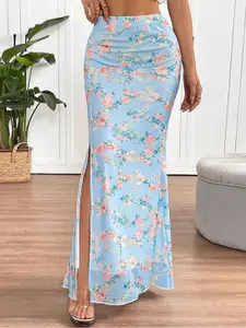 Outzidr Printed Mesh Fishtail Maxi Skirt