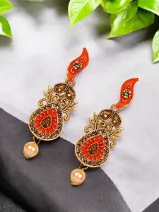 ANIKAS CREATION Gold-Plated Artificial Stones and Beaded Contemporary Drop Earrings