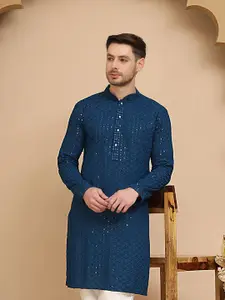 Jompers Floral Embroidered Mandarin Collar Sequinned Pure Cotton Straight Kurta
