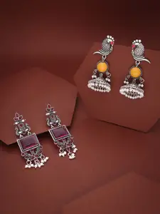 Sangria Set Of 2 Silver-Plated Artificial Studded & Beaded Oxidised Square Drop Earrings