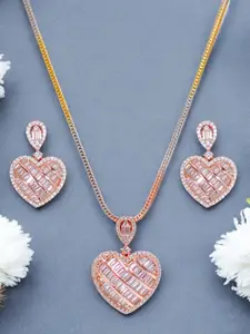 Taraash 925 Sterling Silver Rose Gold-Plated Baguette & Cubic Zirconia Pendant Set