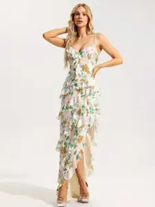 bebe Tropical Print Ruffles Shoulder Straps Tiered Sheath Maxi Dress