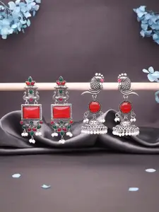 Sangria Set Of 2 Silver-Plated Artificial Studded & Beaded Oxidised Square Drop Earrings