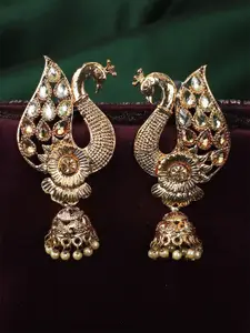 ANIKAS CREATION Gold-Plated Artificial Stone Studded and Beaded Peacock Shaped Jhumkas