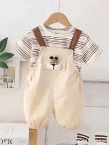 INCLUD Boys Stripes T-Shirt With Apricot Dungaree Set