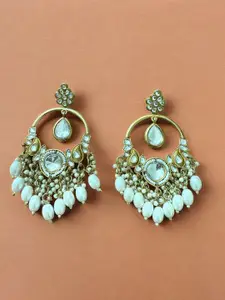 Sangria Silver-Plated Pearls Kundan Stone Studded & Beaded Contemporary Drop Earrings