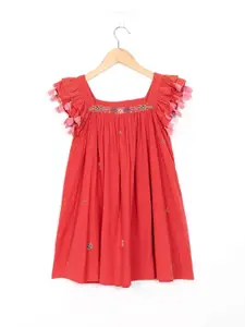 Sangria Girl's Floral Embroidered Cotton Tassel-Detail A-Line Dress