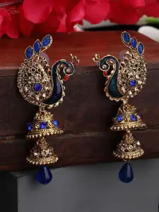 ANIKAS CREATION Gold-Plated Stones Studded & Beaded Enamelled Peacock Shaped Jhumkas