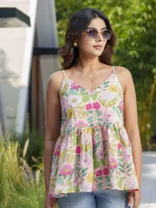 Sangria Floral Printed Cotton Shoulder Straps Top