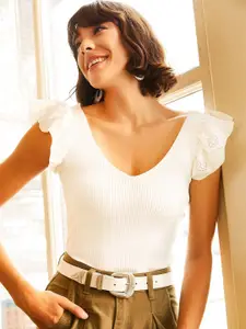 Olalook Women V-Neck Flutter Sleeve Fitted Top