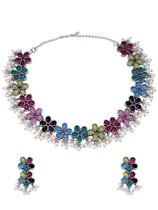 OOMPH Floral Design Oxidised Silver Choker Necklace Set