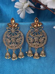 ANIKAS CREATION Gold-Plated Artificial Stones Studded & Beads Circular Drop Earrings