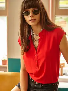 Olalook Women Mandarin Collar Extended Sleeves Shirt Style Top