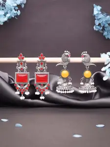 Sangria Set Of 2 Silver-Plated Artificial Studded & Beaded Oxidised Square Drop Earrings