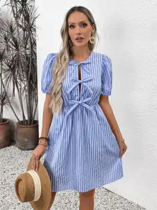 bebe Striped Tie-Up Neck A-Line Dress