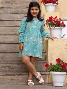 Sangria Girl's Floral Printed Peter Pan Collar Cotton A-Line Knee Length Dress