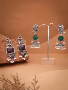 Sangria Set Of 2 Silver-Plated Artificial Studded & Beaded Oxidised Square Drop Earrings