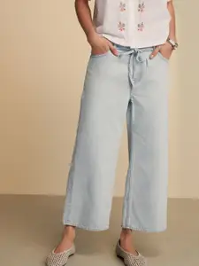 NEXT Women Pure Cotton Wide Leg Cropped Light Fade Jeans