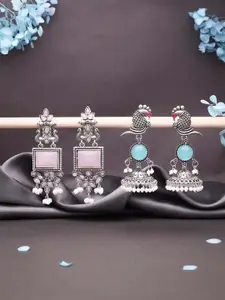 Sangria Set Of 2 Silver-Plated Artificial Studded & Beaded Oxidised Square Drop Earrings