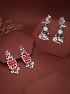 Sangria Set Of 2 Silver-Plated Artificial Studded & Beaded Oxidised Square Drop Earrings