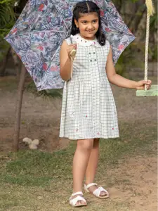 Sangria Girls Checked & Embroidered Cotton Fit and Flare Dress