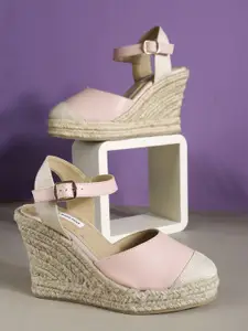THE WHITE POLE Women Solid Wedge Sandals with Buckles