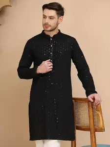Jompers Floral Embroidered Mandarin Collar Sequinned Pure Cotton Straight Kurta