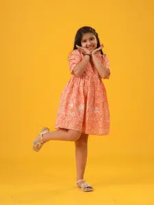 Sangria Girls Floral Printed Gathered or Pleated A-Line Knee Length Dress