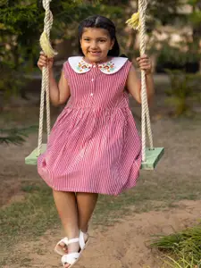 Sangria Girls Striped & Embroidered Cotton Peter Pan Collar A-Line Knee Length Dress