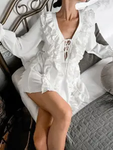 bebe Tie-Up Neck Bell Sleeve Mini Dress