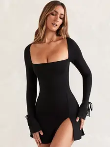 bebe Solid Tie-Ups Plunge Neck Bell Sleeves Bodycon Mini Dress