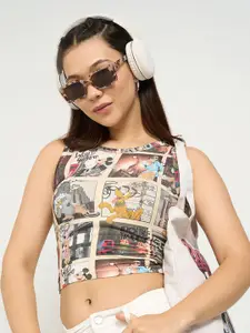 People Women Graphic Printed Sleeveless Cotton Tank Crop Top