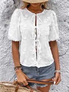 all about you Women Floral Embroidered Tie Up Neck Puff Sleeves Top