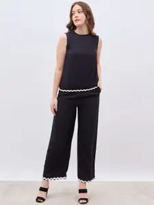 Styli Women Round Neck Sleeveless Contrast Lace Top With Wide Leg Trouser Co-ords