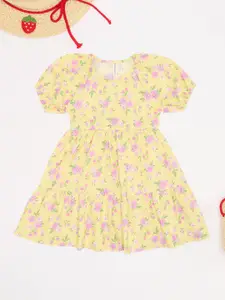 Pantaloons Junior Girls Floral Printed Cotton Puff Sleeve Fit & Flare Dress