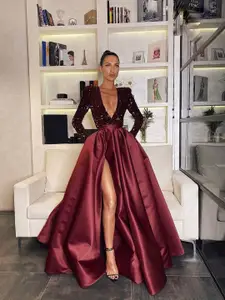 bebe Women Plunge Neck A-Line Maxi Dress