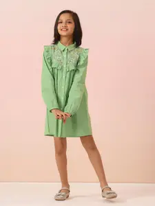 Sangria Girls Floral Embroidered Cotton Knee Length Shirt Dress