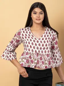 KALINI Floral Printed Flared Sleeve Cotton Blouson Crop Top