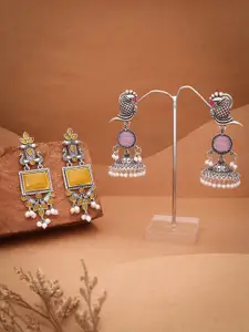 Sangria Set Of 2 Silver-Plated Artificial Studded & Beaded Oxidised Square Drop Earrings